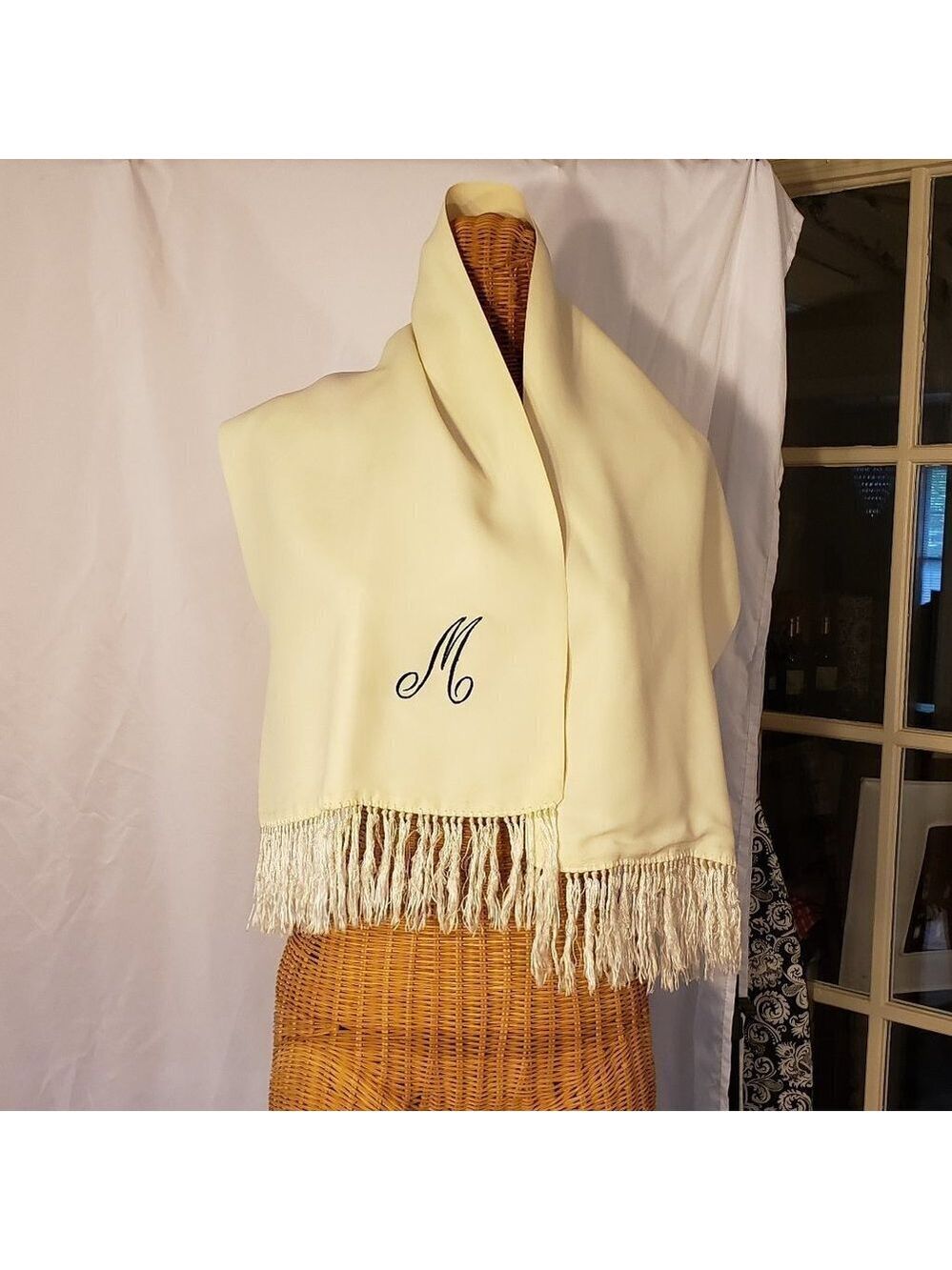 Vintage Ladies White Scarf Styled by CURRIE Monogramed w/an M